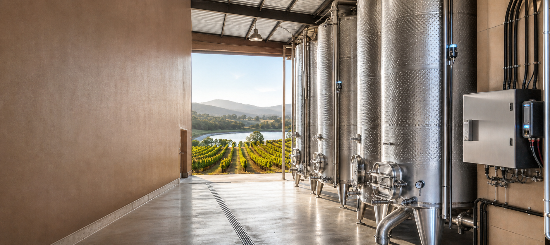Modern winery cellar with fermentation tanks, vineyard and reservoir